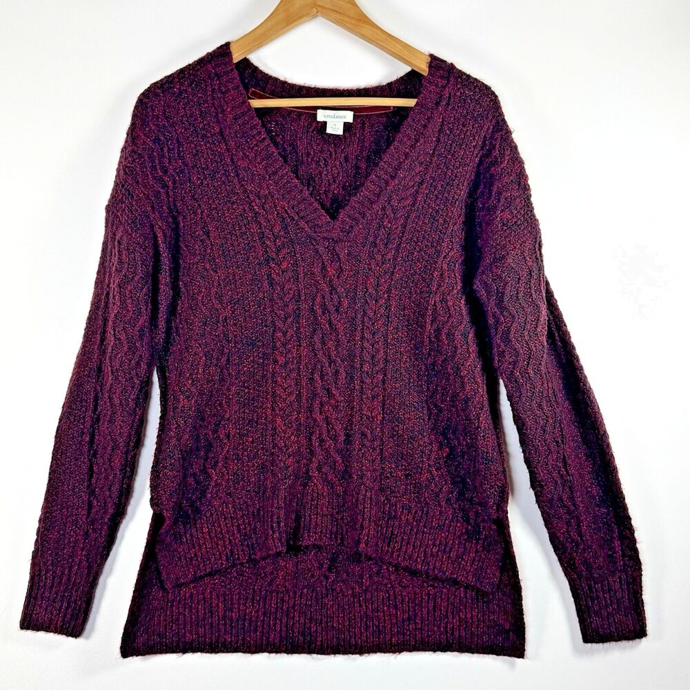 Sundance Womens Small Cable Knit Sweater Burgundy Red V Neck Cotton‎ Blend Boho